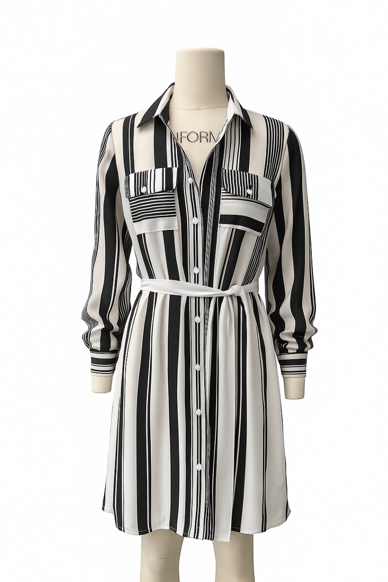 Black & White Belted Shirt Dress – Sheer Gorgette Fabric